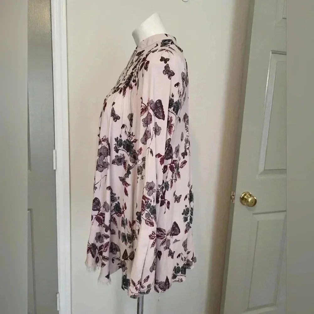 Free People Pebble Crepe Smocked Tunic Flowy Boho Chic Floral Blouse(XS)